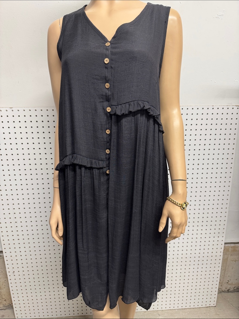 Sleeveless Black Button-Front Ruffle Swing Dress